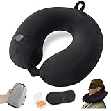 JetsCush Almohada de Viaje Hinchable, Cojin Cuello Viaje Compacto con Máscara para Ojos y Tapones para los Oídos, Almohada Viaje Cuello Hinchable en Avión, Tren o Oficina, Negro