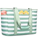 KTUEOV Bolso Playa Grande XXL Familiar, 45L Impermeable Bolso Playa Mujer con Cremallera 12 Bolsillos Saco de Praia Plegable y Lavable para Piscina, Viajes-Compartimento para Artículos Mojados
