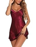 Litherday Camisón Satén Mujer Sexy Corto Verano con Cuello en V y Tirantes Ajustables – Ropa de Dormir Ligera y Suave para Novia y Mujer, Rojo Oscuro, M