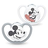 NUK Disney Space chupete | 0-6 meses | Chupetes con ventilación adicional para pieles sensibles | Silicona sin BPA | Mickey Mouse (gris) | 2 unidades
