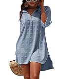 Rayson Vestido de Playa Mujer Camisa Beach Cuello en V Bikini Camisolas Cover up de Verano Color Sólido Blusa de Biquini Jacquard(Azul)