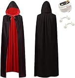 JQMAO Halloween Capa De Vampiro De Reversible Negro Rojo Y Conjunto De Dentaduras Postizas, , Disfraces de Carnaval Mujer/Hombre