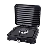 JATA JECG2721 - Cocina de gas portátil de 1 fuego con parrilla. Apta para butano y propano. Con tapa protectora extraíble. Ideal para camping. Ocupa poco espacio