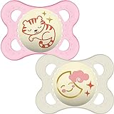 MAM Night Soothers 0-6 Months (Pack of 2), Glow in the Dark Baby Soothers with Self Sterilising Travel Case, Newborn Essentials, Pink/White, (Designs May Vary)