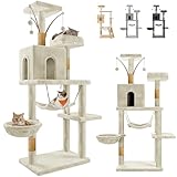 JUPPLIES Árbol Rascador para Gatos 143 cm – Torre de Juegos y Descanso con 5 Plataformas, 3 Nidos, 1 Cueva y Hamaca – Poste de Sisal y Base Estable 60×40 cm – Ideal para Hogares (Beige)