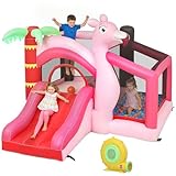 AIYAPLAY Castillo Hinchable para Niños con Soplador, Castillo Hinchable con Tobogán, Cama Elástica, Piscina de Pelotas, Canasta de Baloncesto, Diseño de Flamenco, Interior y Exterior, 255x230x196 cm
