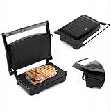 Huslog Parrilla Eléctrica Panini Grill 1000W, Placas Antiadherentes, Mango Cool Touch, Apertura Ajustable, Indicador Luminoso, Base Antideslizante, Acero Inoxidable, Compacta y Robusta, Negro