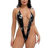 ROSVAJFY Sexy Body en Cuero para Mujer, Lencería Charol Bodysuit Halter con Cuello en V Profundo, Teddy Mini Vestido Clubwear sin Espalda Ropa Interior con Cordones S-XL (Negro)