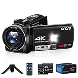 ORDRO Cámara de Vídeo 4K, Videocámara 64MP Vlogging con Zoom Digital 18X, Visión Nocturna IR, Luz de Relleno LED, Pantalla 3.0' 270°, Kit para Youtube con Trípode y 2 Baterías​