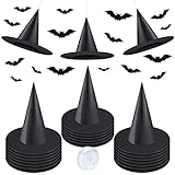 ELECLAND 20 gorras de sombrero de bruja para disfraz de Halloween con cuerdas colgantes de 328 pies y 16 pegatinas de murciélago 3D aterradoras, accesorios de disfraz de Halloween, decoraciones