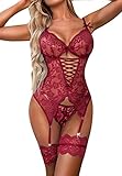 EVELIFE - Conjunto de lencería sexi para mujer, bodi de encaje con ligas en los muslos, ropa interior con liguero, no incluye medias, rojo vino, XXL