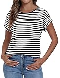Camiseta Negro Manga Corta Mujer Cuello Redondo Top Mujer a Rayas Camisetas Basicas Corte Holgado y Cómodo Blusa Casual de Verano Diseño Ligero y Transpirable Ideal para Uso Diario L