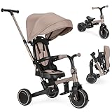 KikkaBoo Triciclo Evolutivo ALUMA 8 en 1, Triciclo Bebé Plegable con Manillar Padres, Asiento Reversible, Capota Ajustable, Arnés 5 Puntos, Marco Aluminio Beige