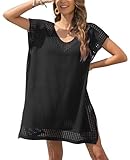 JFAN Pareos Playa Mujer Cuello en V Vestido Playa Mujer Corto de Crochet Bikini Cover Up Camisolas y Pareos Verano Negro