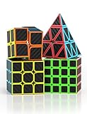 ROXENDA Speed Cube Set, Cubos de Velocidad de 2X2 3X3 4X4 Pirámide Cube - Fácil Giro & Juego Suave, 4 Pack (Fibra de Carbon)