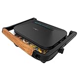Cecotec Parrilla Eléctrica Rock'Ngrill 1300 Wood B. Potencia de 1300W, Diseño Negro, Revestimiento Rockstone, Base Antideslizante, Placa Flotante, Indicador Luminoso, Asa de Madera, Versatilidad