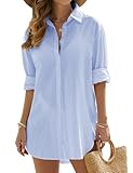 Vancavoo Vestidos de Playa Mujer Camisolas de Playa Bikini Cover Up Camisas de Manga Larga Suelta Pareos de Casual Color Sólido Blusa con Botón para Verano(Azul,L)