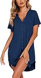 Camisones de Mujer Vestido Pijama con Cuello en V y Botones Camisón de Manga Corta Cómodo y Casual Lencería y Ropa Pijama(Azul,L)