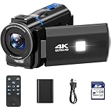 Cámara de vídeo 4K Videocamara con Zoom Digital 16X visión Nocturna, Webcam, Pantalla táctil giratoria de 3' y 270°, Camcorder Video Camera vlog con Tarjeta SD de 32 GB, Remoto, luz de Relleno