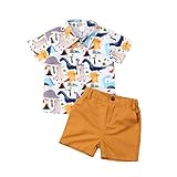 Carolilly - Juego de 2 camisas de verano con estampado de dinosaurio + pantalones cortos de playa para niño amarillo 110 cm (4- 5 años)