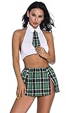 JFAN Mujer Lencería Fascinante Conjunto de Estudiante Top Slit Pleated Small Skirt Traje Talla única Blanco Verde