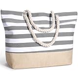 sprecenk Bolsa de Playa Grande para Mujer, Impermeable Totalizador de Lona de Verano con Cremallera Bolso Tote Beach Bag Bolso Playa Shopper para Viajes Compras Gimnasio, Gris
