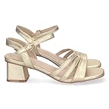 shoes&blues.es 74074 Sandalia de Tacon para Mujer, Comoda, Triple Pala Fina, Estampado Brillante, y Cierre de Hebilla en el Tobillo Oro Talla 39