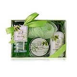 Accentra - Set de ducha para mujer OLIVE estuche de regalo bonito - Kit tratamiento 4 pz con gel duche, loción cuerpo, manteca corporal y esponja de redecilla - Surtido bienestar para cumpleaños