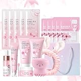 Set de Cuidado Facial Sakura 18 Piezas,Set de Cuidado Diario de la Piel con Limpiador,Crema facial,Esencia,Esencia ocular,Máscara para dormir,Mascarilla de barro Cepillo y Accesorios