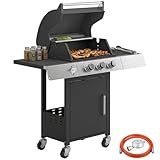 Outsunny Barbacoa de Gas BBQ Gas con 3 Quemadores 8,1 kW Barbacoa Portátil con Termómetro Mesas Laterales Armario Rejilla Calentadora Parrillas de Hierro Fundido Recogedor Grasa y 4 Ruedas Negro