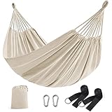 SONGMICS Hamaca, 210 x 150 cm, Hamaca Doble, Carga de 300 kg, para Jardín, Terraza, Balcón, al Aire Libre, Camping, Bolsa de Transporte, Correas de Fijación y Mosquetones, Beige GDC15M
