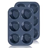 SUPER KITCHEN Juego de 2 Grande Molde de Silicona para 6 Magdalenas, Bandejas para Hornear Muffin con Recubrimiento Antiadherente para Muffins, Cupcake, Brownie, Pudín 27,8 x 19 x 5 cm (Gris)