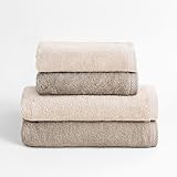 BOHEME | Juego de 4 Toallas de Ducha Bicolor Serenity | Natural y Nut | 2 (50x100) + 2 (70x140) | 100% Algodón Peinado |600 g/m²|Suaves, Absorbentes y de Secado Rápido|Lavables a Máquina|Uso Diario