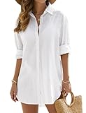 Vancavoo Vestidos de Playa Mujer Camisolas de Playa Bikini Cover Up Camisas de Manga Larga Suelta Pareos de Casual Color Sólido Blusa con Botón para Verano(Blanco,M)
