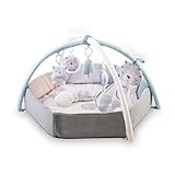 MoMi PASTEL arco de juego con colchoneta para gatear 3 en 1 para bebés desde el nacimiento, colchoneta de actividades sensoriales con 2 arcos, baño de bolas, 5 juguetes