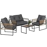 Outsunny Conjunto Jardín Exterior de Ratán, Muebles Jardín Exterior para 4 Piezas, Muebles Terraza con 1 Sofá de 2 Plazas, 2 Sillones, Cojines y 1 Mesa de Tablero de Vidrio, para Patio, Gris y Marrón