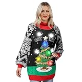 JOYIN Vestido largo feo para mujer con divertido árbol de Navidad 3D y bombillas novedosas, suéter de punto de manga larga negro, Negro, S