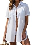 Vancavoo Vestido Playa Mujer Verano Camisa Suelto de Bikini Cover Up Casual Blusas Cardigan Camisolas y Pareos Playa con Botones,Blanco,L