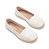GLAMORA Alpargatas de Encaje con Suela de Esparto, Zapatos Planos Mujer Tipo Bailarinas Manoletinas Cómodas Slip On, Calzado Verano Ligero Transpirable Punta Redonda white-38
