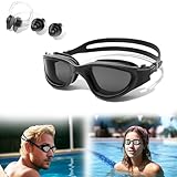 Kiuiom Gafas de Natación Unisex Adulto,Gafas de Natación Anti-vaho,Lente Buceo 100% Antifugas,Lente Piscina con Tapones Oidos Natación Y Clip Nariz Impermeable para Entrenamiento Nadar (Negro)