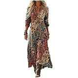 Vestido Largo Mujer Verano Lino Algodón Cuello V Manga 3/4 Estilo Boho Hippie Vintage Estampado Étnico Geométrico Vestidos Playeros Sueltos Casual Tallas Grandes Elegante Fiesta Noche