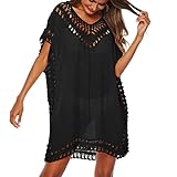 Baynetin Vestido de Playa para Mujer- Cuello en V, Manga Corta, Pareos y Camisola de Playa Sexy Hueco Traje de Baño Punto Bikini Cover up (Negro)