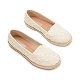 GLAMORA Alpargatas de Encaje con Suela de Esparto, Zapatos Planos Mujer Tipo Bailarinas Manoletinas Cómodas Slip On, Calzado Verano Ligero Transpirable Punta Redonda beige-38