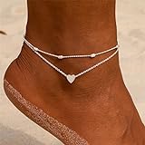 Jovono Boho con cuentas tobilleras de moda de múltiples capas del corazón pulseras de tobillera Beach Foot Jewelry para mujeres y niñas (plata)