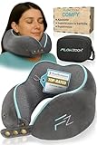 FLOWZOOM Comfy Almohada de Viaje Viscoelástica – Soporte Ajustable 360°, Funda de Felpa Suave y Lavable, con Bolsa Compacta – Cojín de Cuello para Avión, Coche y Tren – Gris