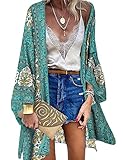 Vancavoo Kimono de Playa para Mujeres Cover Up Floral Cárdigan Bohemia Suelto Verano Blusa Chal Sexy Playa Traje de Baño Camisolas Playa Mujer(Verde,M)