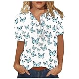 L9WEI Camiseta de verano para mujer, blusa de manga corta, túnica, cuello de pico, tops con botones, elegante, camiseta holgada, casual, Azul cielo., XL