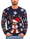 Marvmys Hombres Jerseys Navideños Suéter Divertido Navidad Copo Nieve Elk Knit Cuello Redondo Suéter Manga Larga para Hombres Fiesta Navidad A-Azul Marino M
