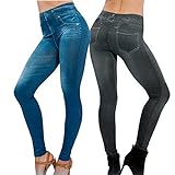 2Pcs Leggings Leggins Jeggings Vaqueros Pantalones Elásticos para Mujer Azul y Negro (Cintura: 30 cm)
