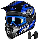 ILM Casco Moto Niño Motocross Dirt Bike para Jóven Unisex Homologado ECE22.06 Full Face Off Road ATV Enduro MTB Todoterreno con Gafas Guantes Modelo B07,Azul Negro,L